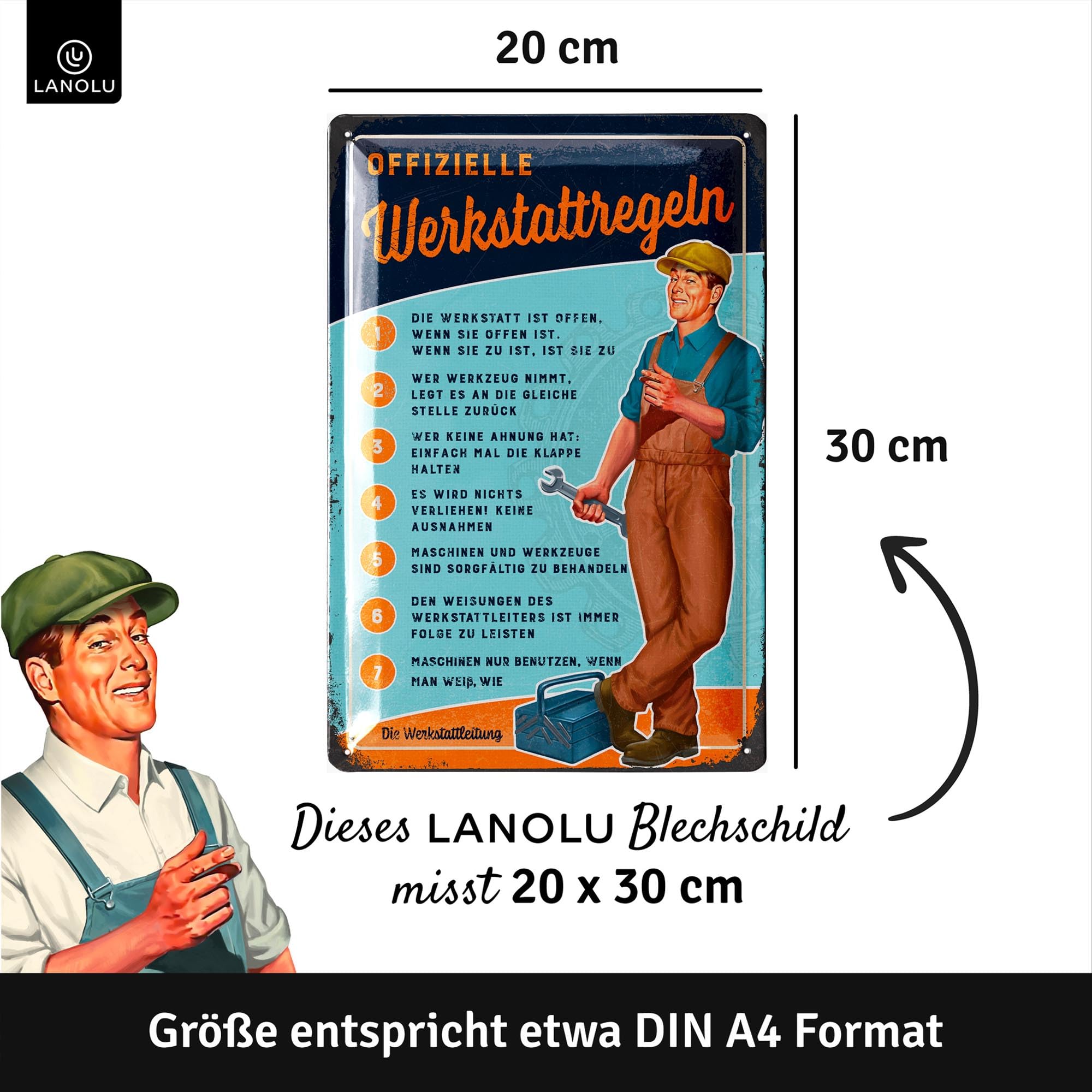 7 Stück Retro Blechschilder 30x20 Cm - Vintage Werkstatt Schilder Für Bar & Club