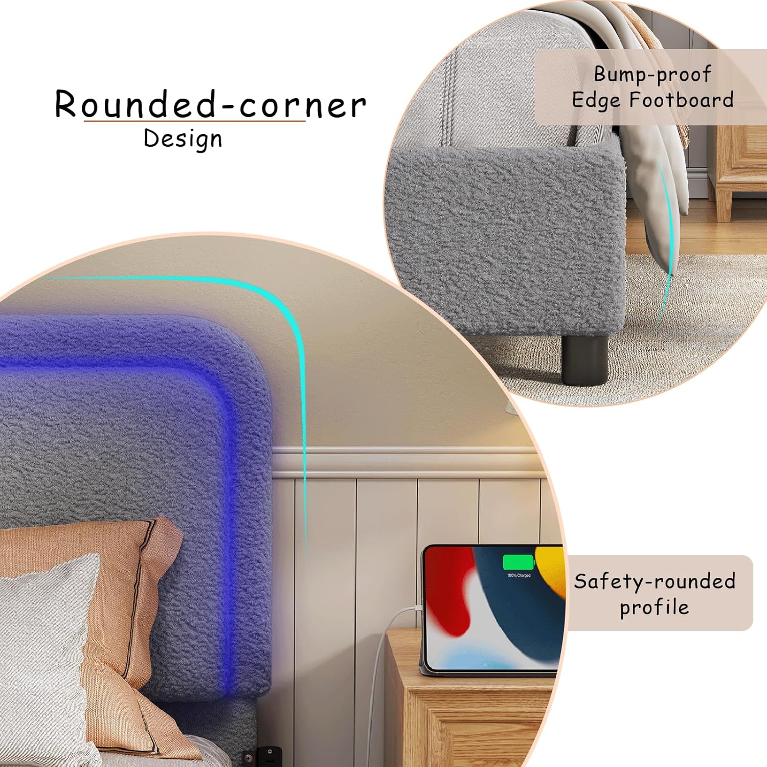 CollaredEagle Queen Size Boucle Bed Frame, Adjustable Rounded Corners Headboard with LED Lights, Upholstered Teddy Fabric Bed Frame with Charging Station, No Box Spring Required, Easy Assembly, Grey