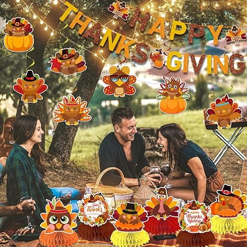 Miniatura 2 de El juego de 17 decoraciones de Acción de Gracias incluye pancarta, espirales colgantes y decoraciones de mesa 3D, centros de mesa de nido de abeja,
