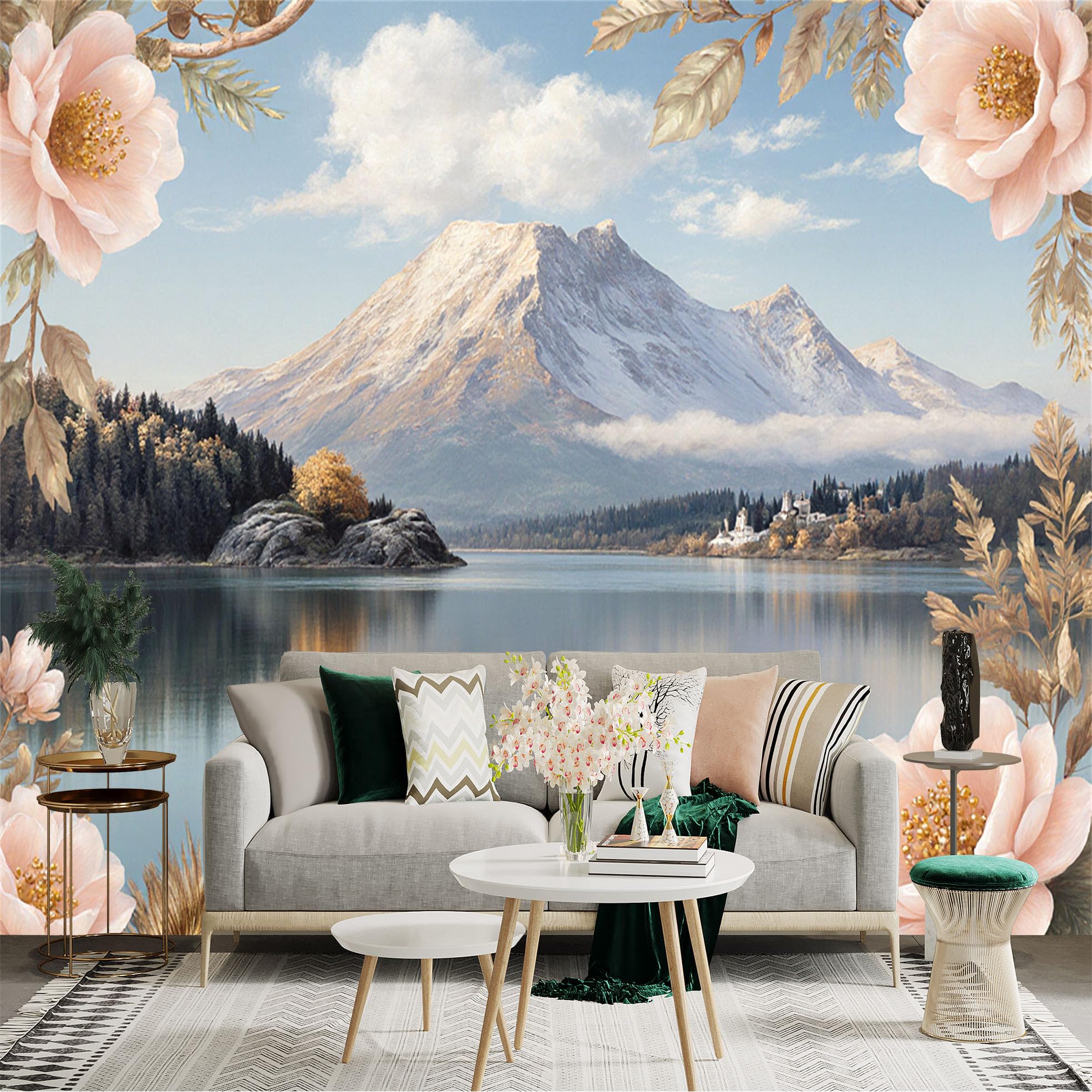 Custom Size Wall Sticker Mural， Scenic SnowCapped Mountain， Serene Lake Reflection， Soft Pink Floral Frame， Elegant Nature Landscape， for wall Decoration， peelandstick wall Decals.