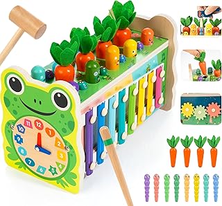 6-in-1 Wooden Montessori Toy with Mole Whacking Game & Xylophone for 1-5 Year Old Toddler, Activity Cube for 12+ Month Baby, Multipurpose Early Learning Toy with Frog Clock, Birthday Gift for Boy/Girl