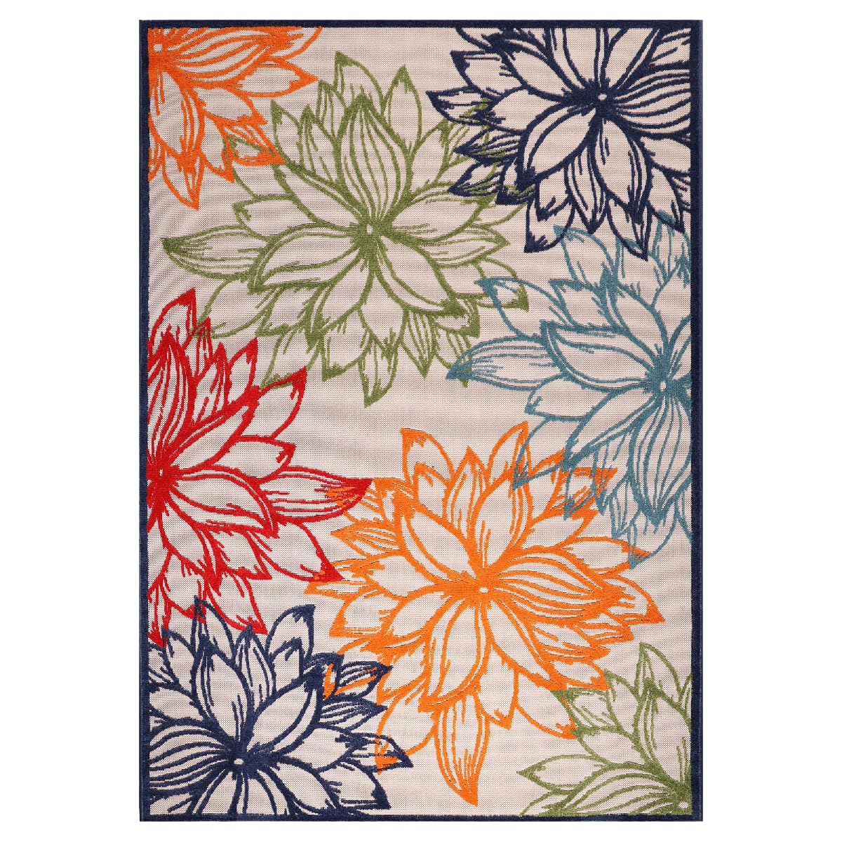 Tapis Exterieur, 200 X 290 Cm, Polypropylène, Motif Nature Floral, Bleu Beige Orange Rouge, Relief Décoratif Tissé, Terrasse Jardin, 7519