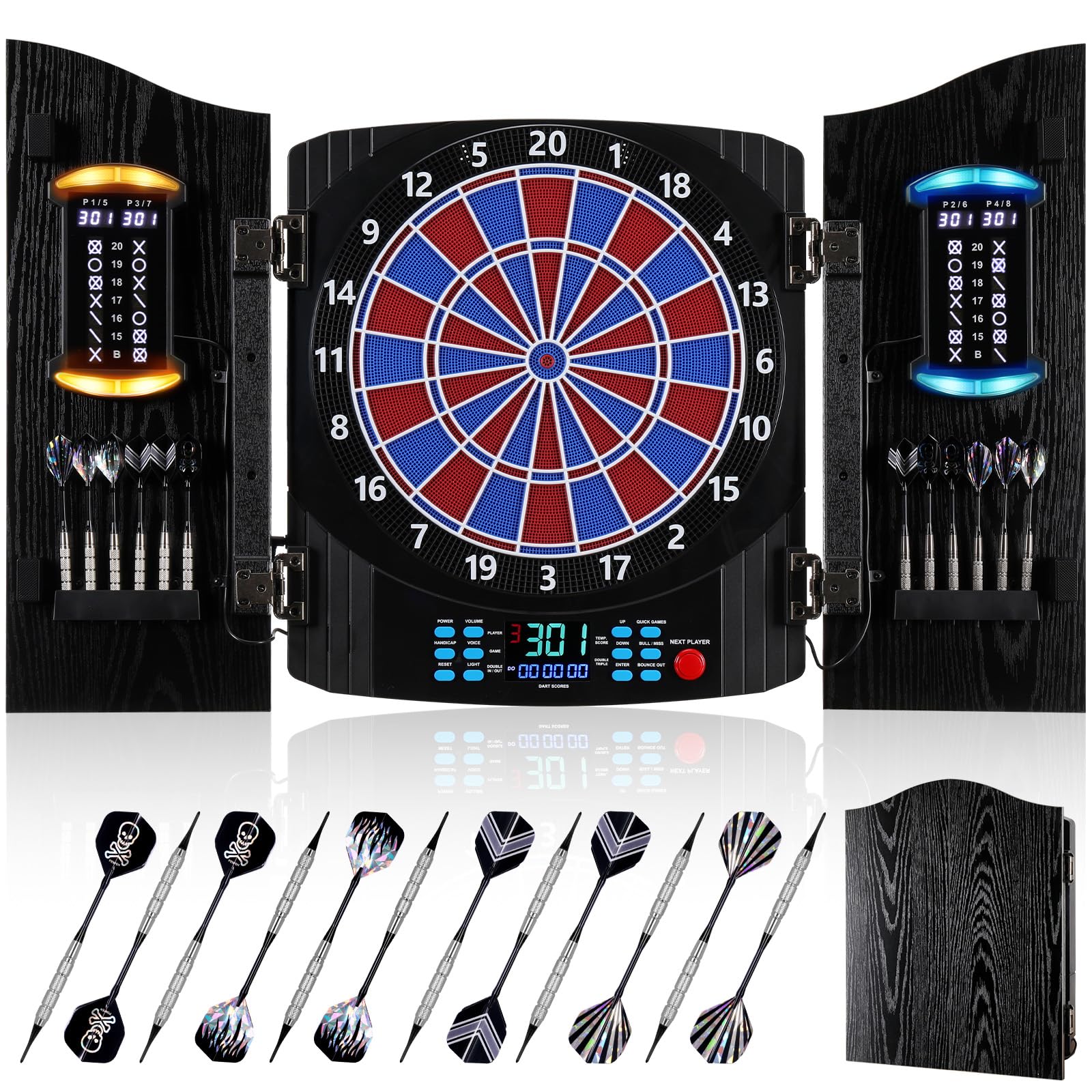 Jeu de Flechette Electronique, [12*Bronze Fléchettes] Cible Flechette Electronique, Armoire à Portes en Bois Rustique, Affichage LED 8 Couleurs, Jeux Flechette pour Maison & Bar - 1