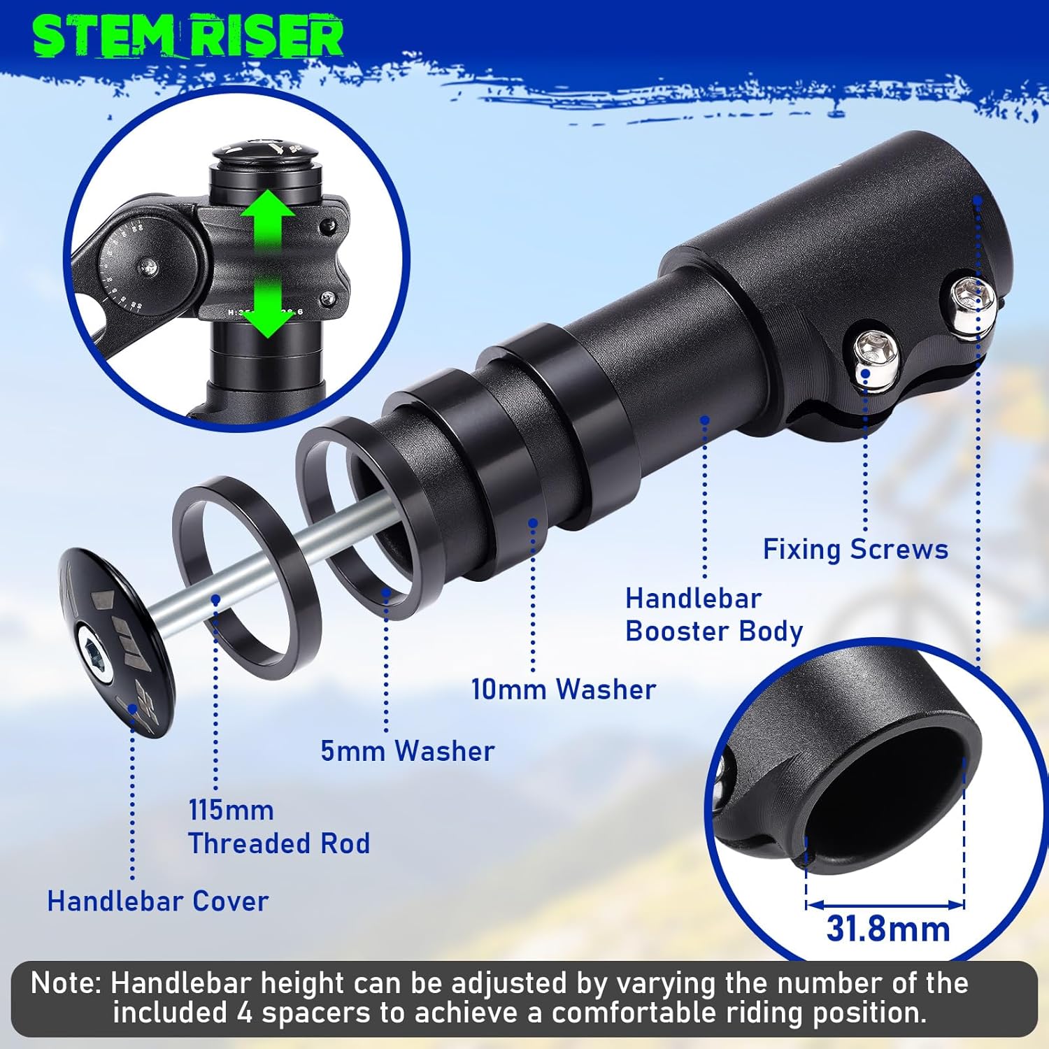 TOBWOLF Bike Stem Riser & Adjustable MTB Bicycle Stem, Universal 31.8mm Bike Stem, ±90 Degree Handlebar Stem for Angle Adjustment, 28.6mm Bike Fork Stem Extender for E-Bike Road Bike BMX Bicycle