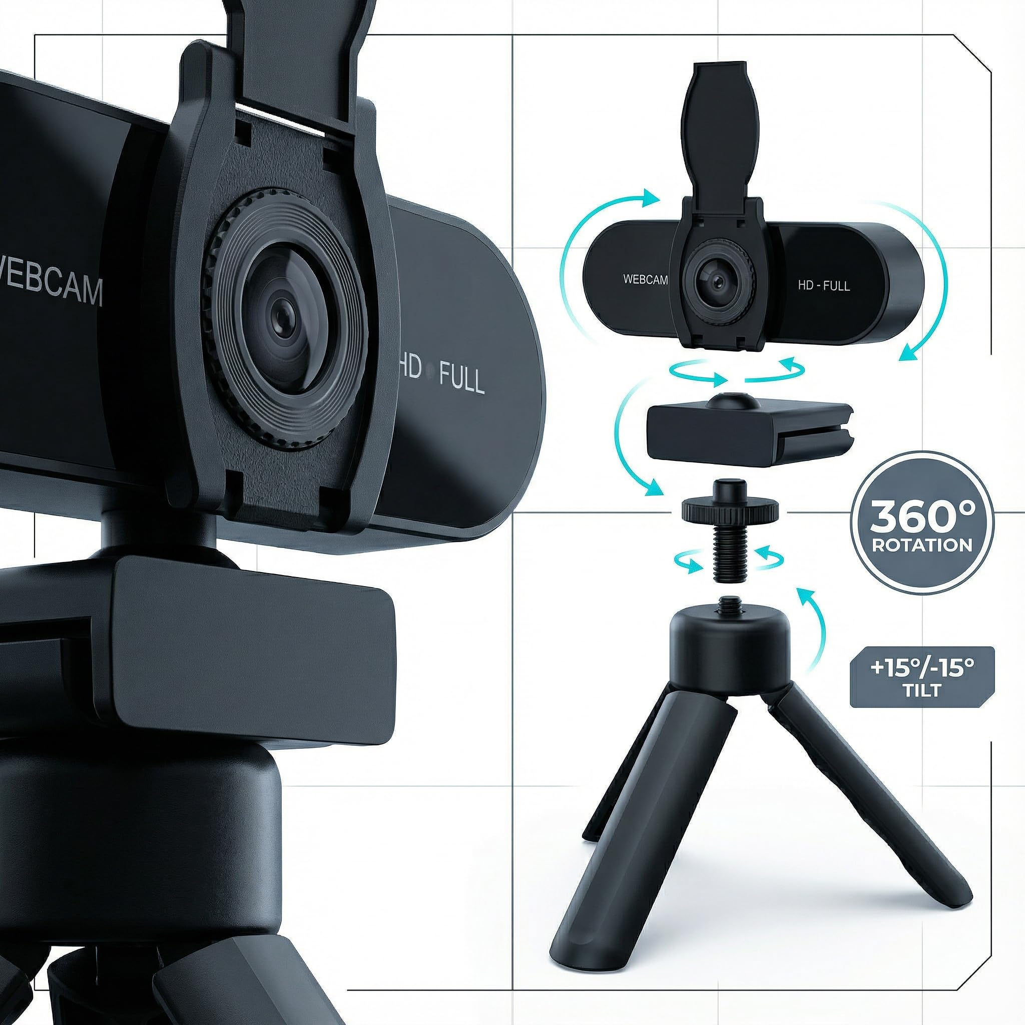 Webcam HD 1080P con microfono, cancellazione del rumore, copertura della privacy, obiettivo grandangolare, correzione automatica della luce, webcam USB Plug & Play per laptop, desktop, PC