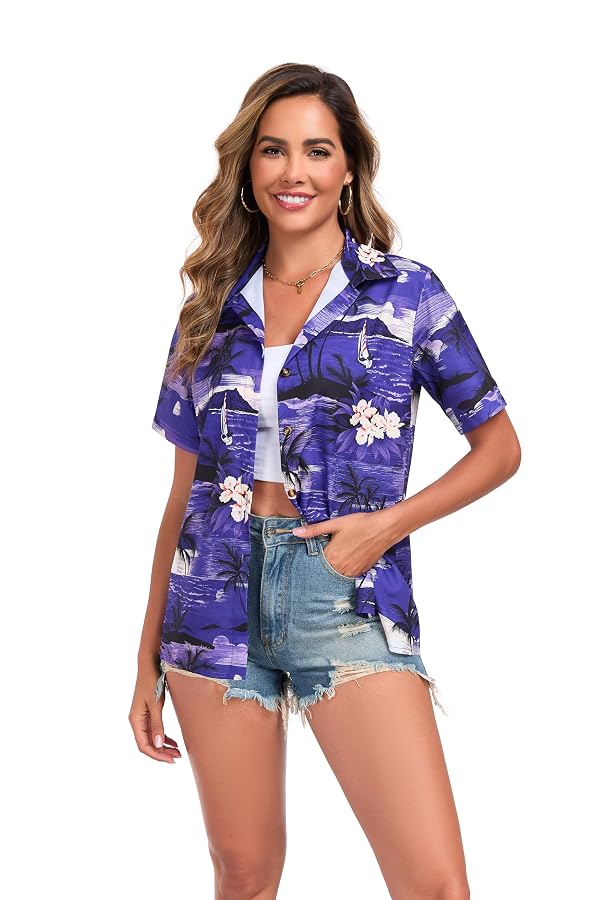 Womens Short Sleeve Hawaiian Shirts Button Down V Neck Floral Printed Shirt Summer Casual Beach Blouses Tops Purple S by MEOWHAWKS - Used condition - Image 3