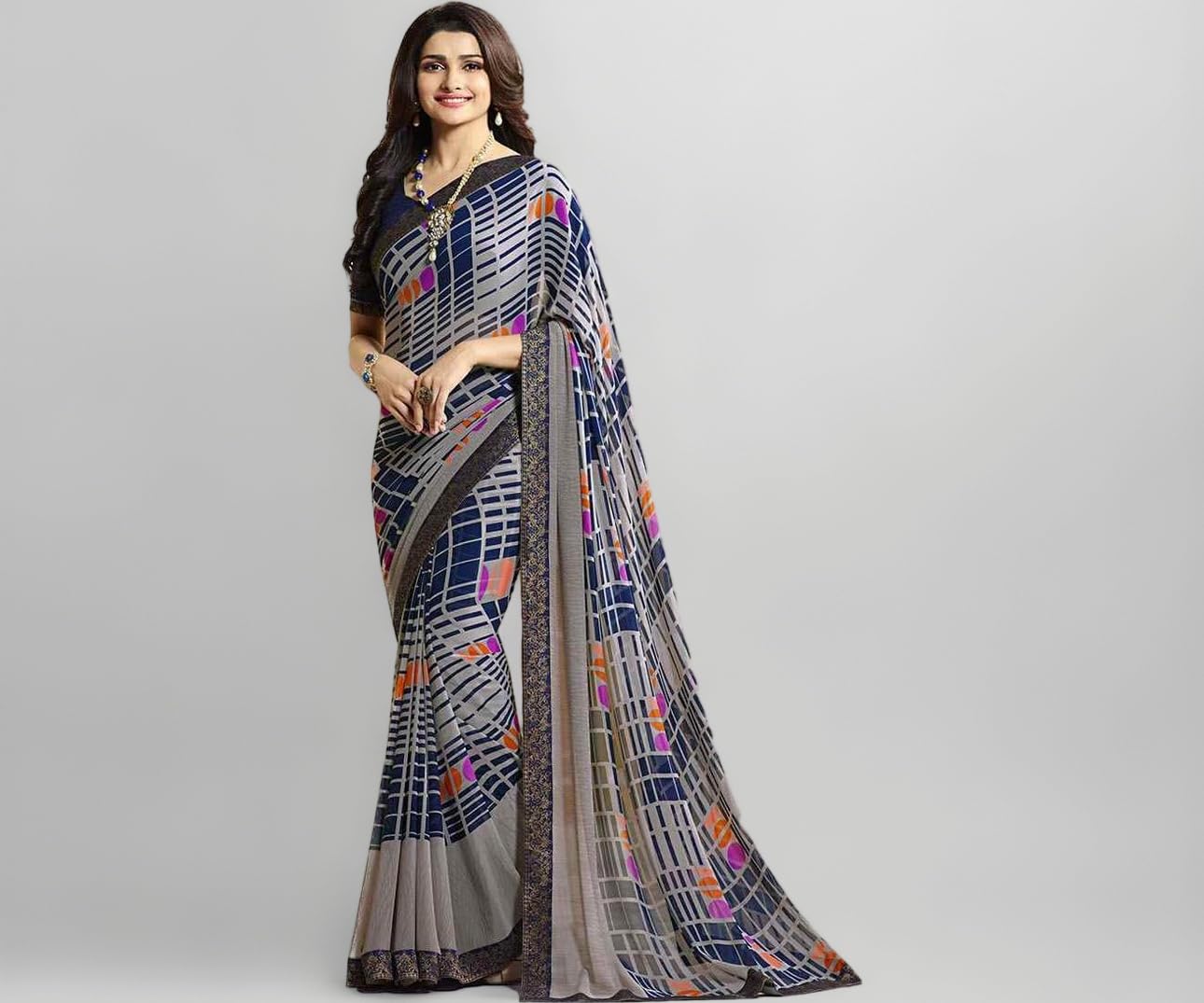 RAJESHWAR FASHION WITH RF Women's Block Printed Georgette Sarees For Women With Jacquard Lace Border & Blouse(A16 ROYAL BLUE NEW_Multicolored_Free Size 6.30 Mtr)