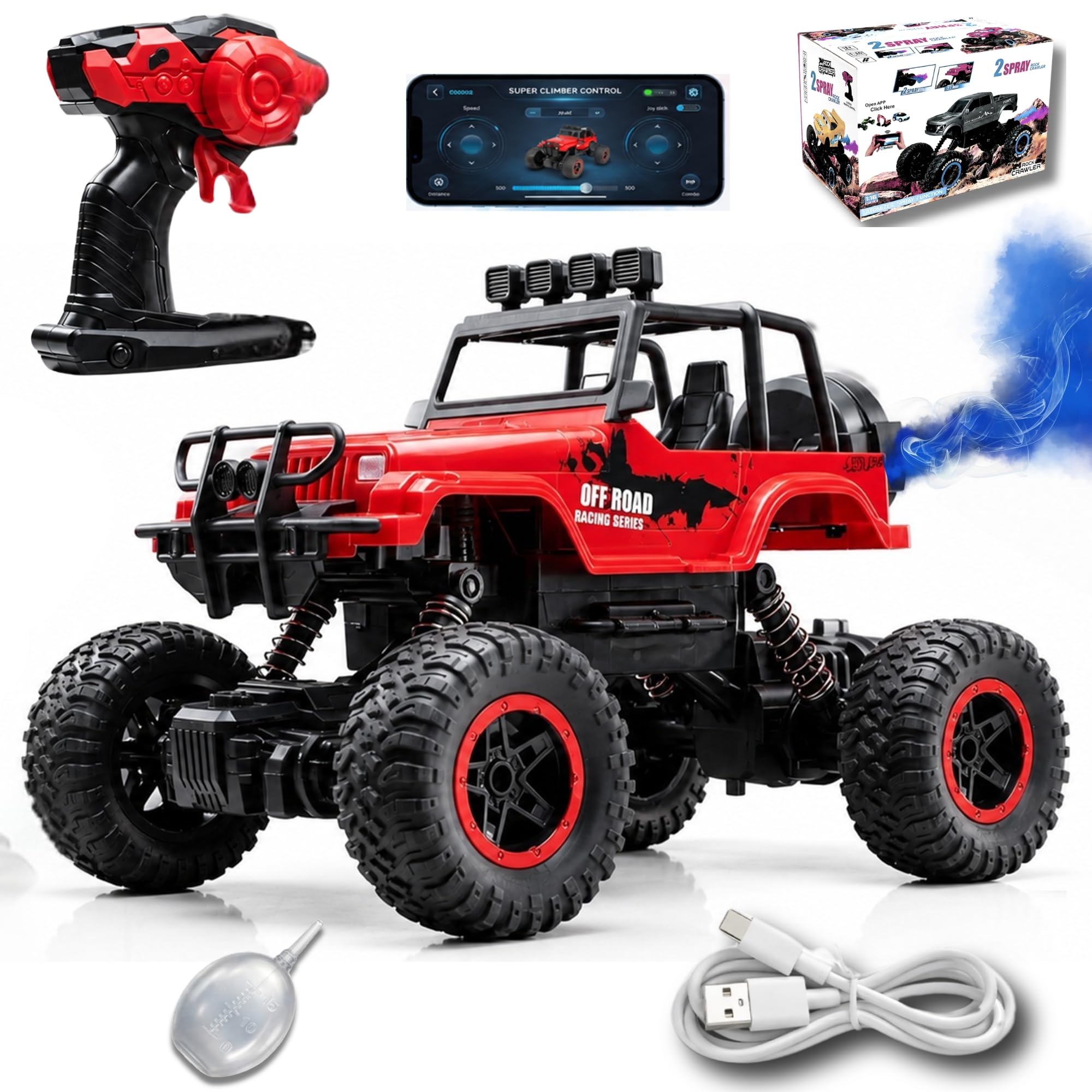 Big Size Rock Crawler Rc 4x4 Car Monster Truck Toy for Boys Girls Kids, Off-Road Vehicle with LED Headlights & Music, Dual Mist Fog Spray Function, Anti-Skid Rubber Tires, Birthday Gift 6121 Red-image-45