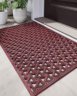 DEXI Front Door Mat Outside Entrance Rubber 19x30, Welcome Floor Doormat Heavy Duty Non Slip, Dirt Trapper Waterproof Exterior Entry Mats All Weather for Patio Entryway Drainage, Red