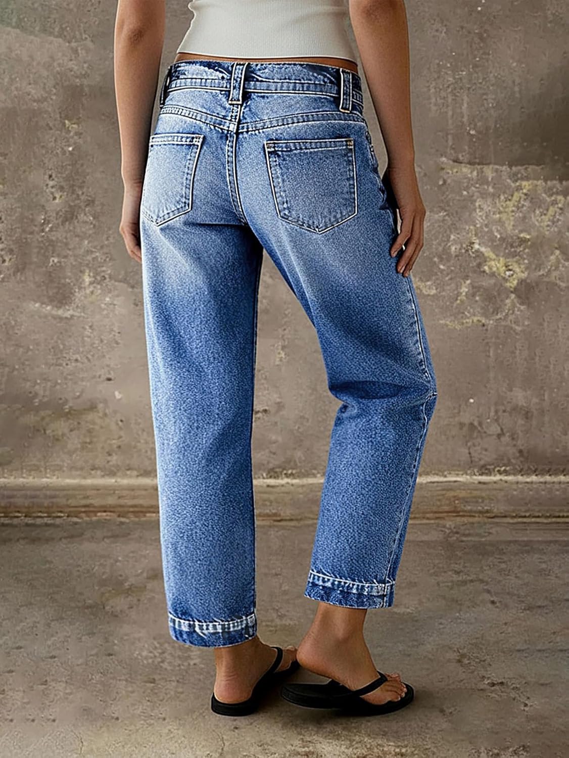 Flamingals Straight Leg Cropped Jeans for Women Mid Waist Stitch Detail Casual Denim Pants