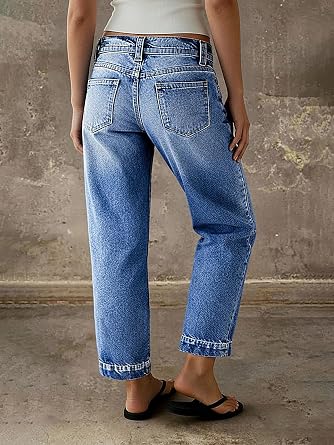 Flamingals Straight Leg Cropped Jeans for Women Mid Waist Denim Pants | Straight Leg Cropped Jeans, Mid Waist, Stitch Detail, Denim Fabric, Fashion Casual Daily Denim Pants