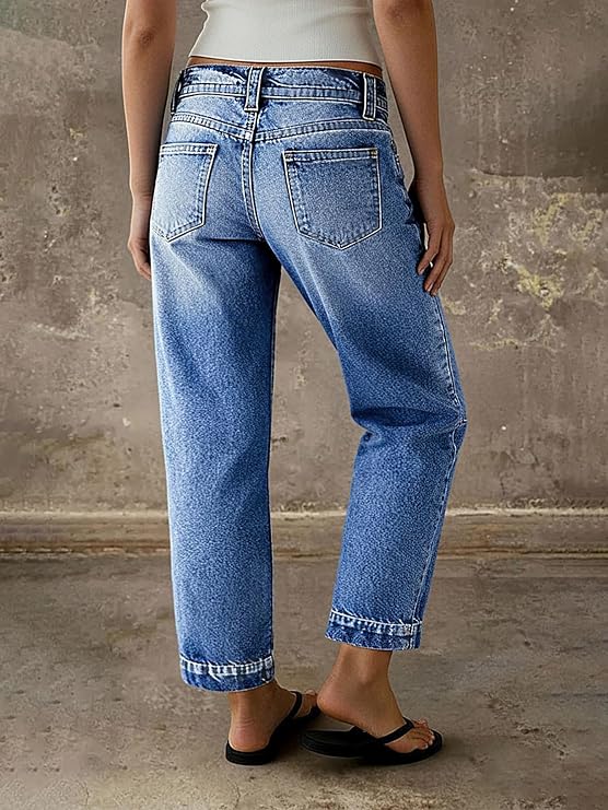 Flamingals Straight Leg Cropped Jeans for Women Mid Waist Denim Pants | Straight Leg Cropped Jeans, Mid Waist, Stitch Detail, Denim Fabric, Fashion Casual Daily Denim Pants