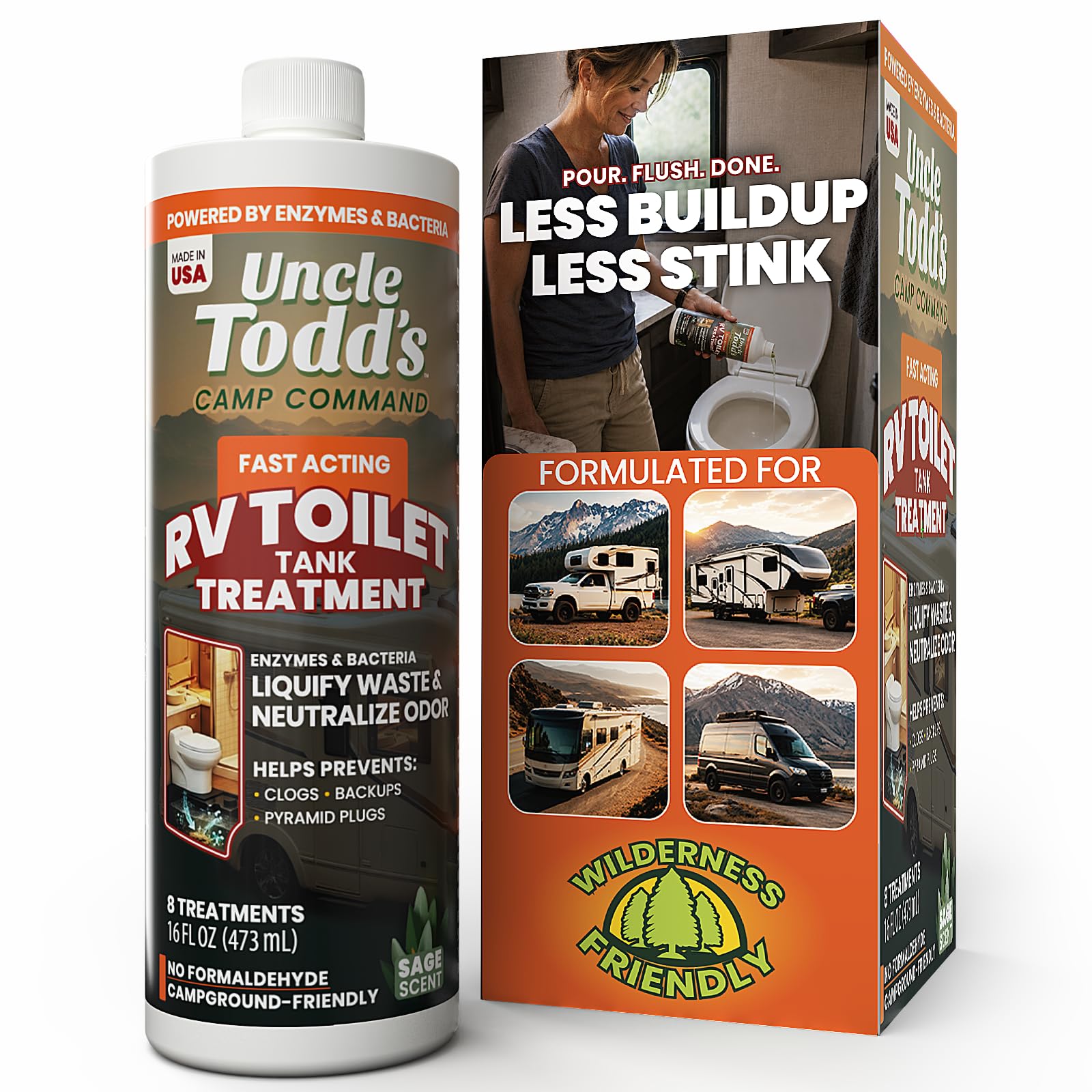 Uncle Todd's 16 oz RV Black Tank Treatment - Sage Scent Liquid, 8 RV Toilet Treatments, Camper Holding Tank Cleaner - Deodorizer for Black/Gray Tanks, Sensor Cleaner, Made in USA - Digests Waste Fast