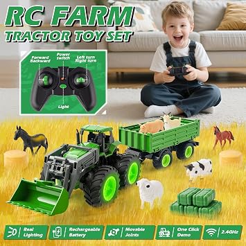 Remote Control Tractor Toy, Kids RC Tractor Set with Truck & Trailer and Light/Loading/8 Wheel, 2.4 Ghz RC Farm Vehicle Toys, Animal Farm Kids Toy for 3 4 5 6 7 8 9 Year Old Boys Girls Birthday Gift