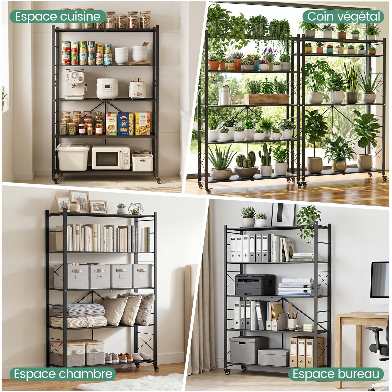 ALANNG Étagère Pliable 200kg - 100cm Largeur, 5 Niveaux Étagère Métallique Réglable & Amovible Noir, Montage sans Outil - Étagère Pliable Mobile pour Cuisine Bureau Cave -165x100x35cm