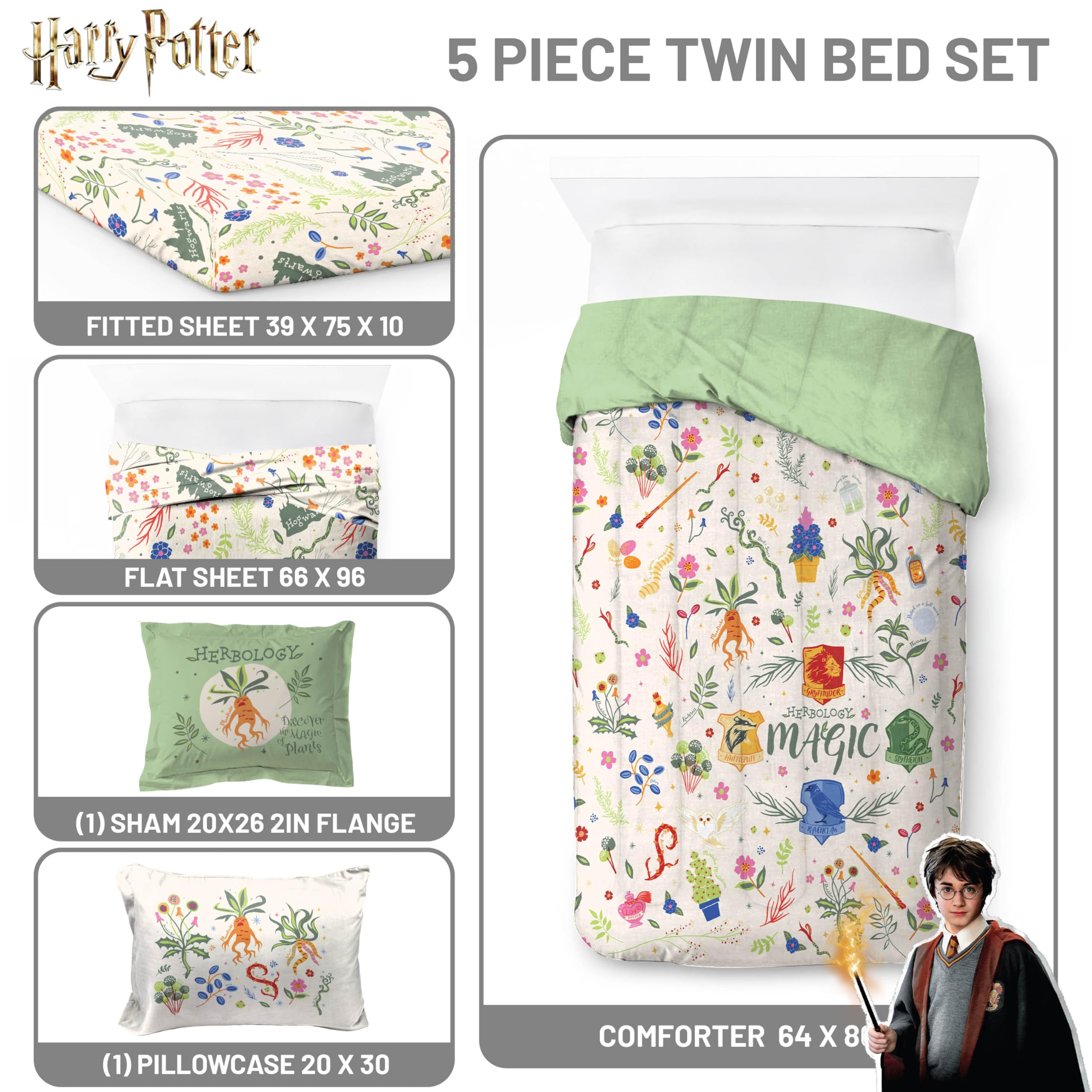 Jay Franco Set copripiumino per letto matrimoniale Harry Potter, 5 pezzi, include lenzuola e federe, super morbido, Hogwarts Herbology Bedding