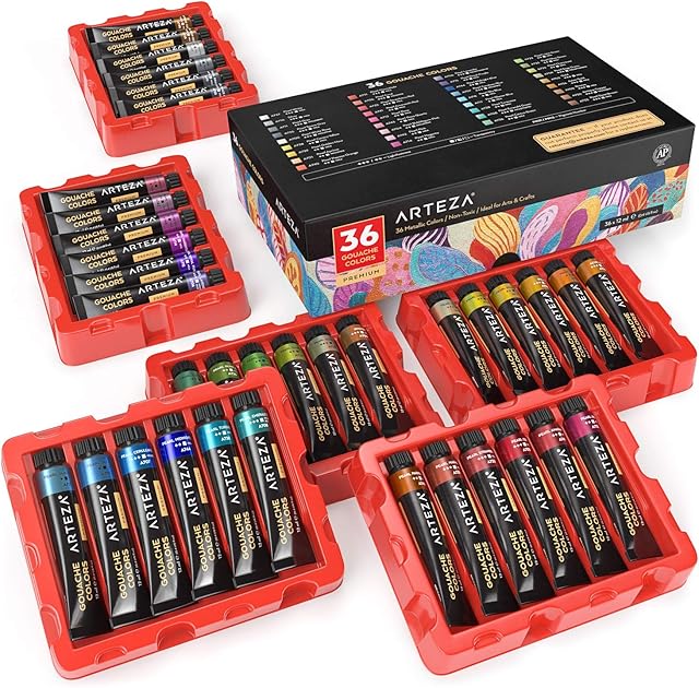 ARTEZA Metallic Gouache Paint, 36 Colors, 12ml, 0.4 US fl oz Tubes, Water-Based Paint for Canvas and Paper, Art Supplies for Professionals, Students