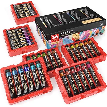 ARTEZA Metallic Gouache Paint, 36 Colors, 12ml, 0.4 US fl oz Tubes, Water-Based Paint for Canvas and Paper, Art Supplies for Professionals, Students