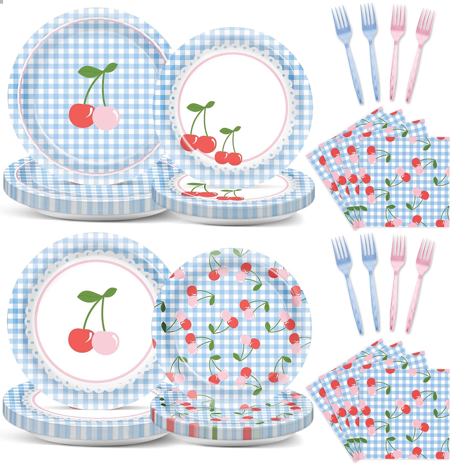 96Pcs Cherry Birthday Party Decorations Cherry Plates and Napkins Blue Checked Paper Plates Cherries on Top Disposable Tableware for Baby Shower Bridal Bachelorette Supplies Cherries