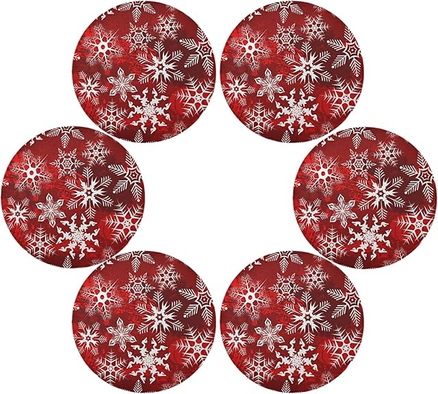 Christmas Placemats, Christmas Red Pattern With Snowflakes Flower Round Placemats Set of 6 for Kitchen Table Washable Kitchen Table Mats Place mats