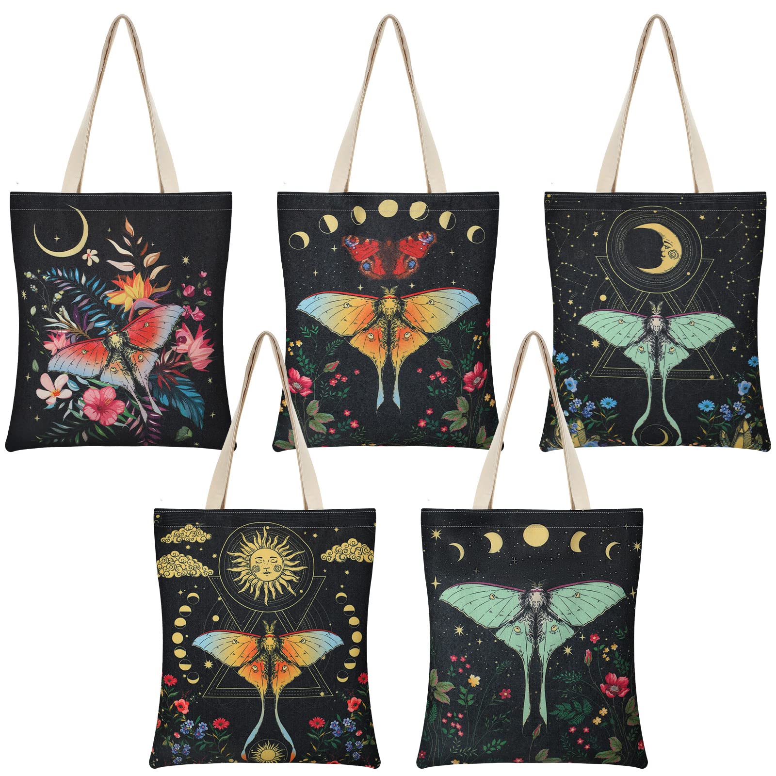 Yeshone5 Pcs Moon Phase Moth Luna Moth Tote Bag Celestial Aesthetic Butterfly Grocery Reusable Shopping Bag Flower Graphic Sun Canvas Handbag Shoulder Bag for Women Gift Beach Travel Picnic, Black