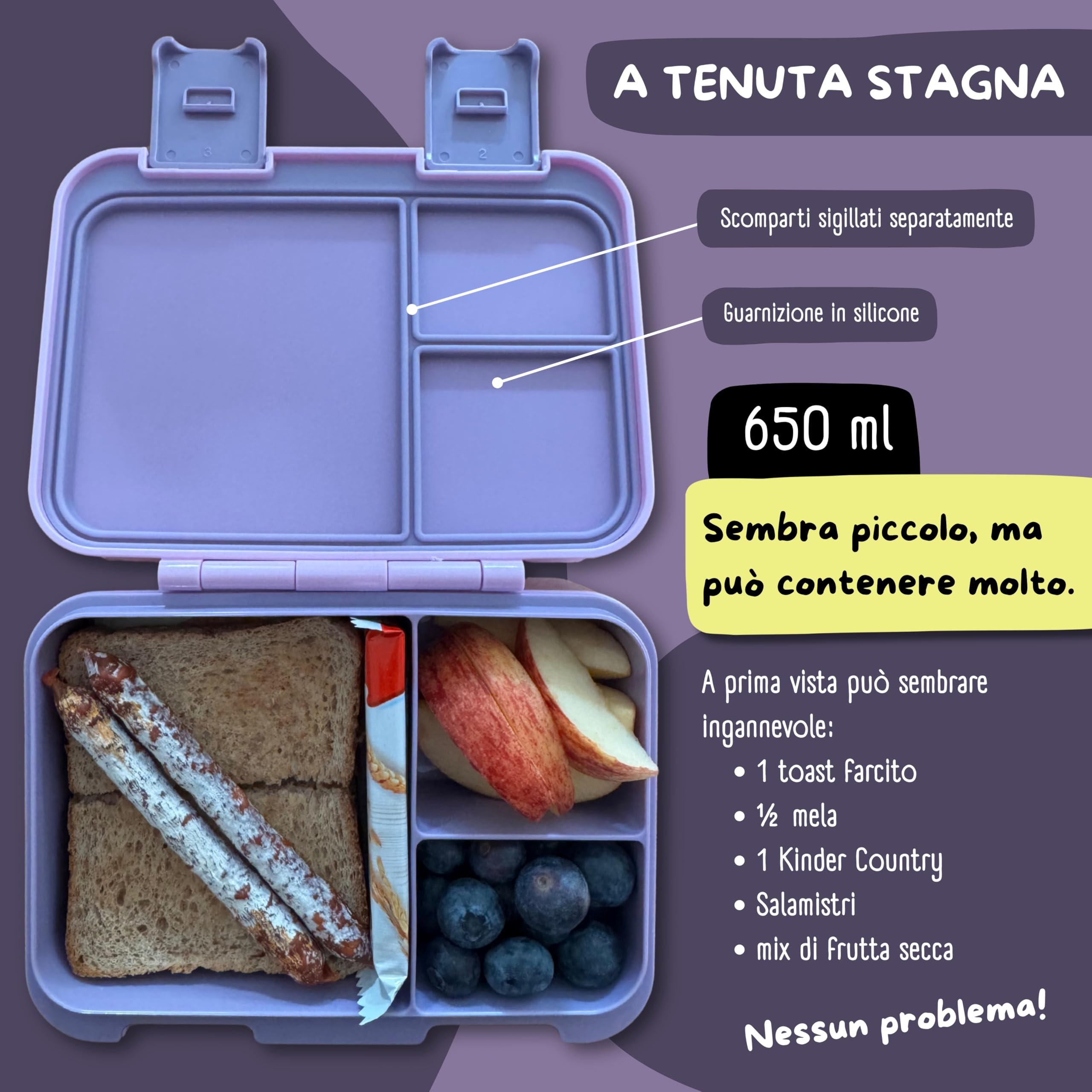 BEARFOOT – Porta Pranzo Bambini Compatta, Lunch Box Bento Box Senza BPA, Portamerenda Scuola con Scomparti, Leggera e Ermetica per Bambini e Bambine (Lama Viola, 650 ml)