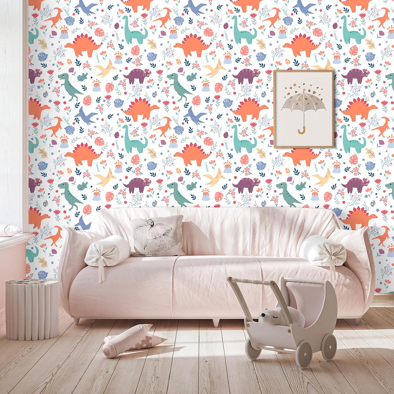 VEELIKE 17.7''x354'' Cute Dinosaur Peel and Stick Wallpaper Tropical Leaves and Floral Wallpaper Removable Kids Wallpaper for Bedroom Nursery Self Adhesive Dinosaur Wall Mural for Playroom Classroom