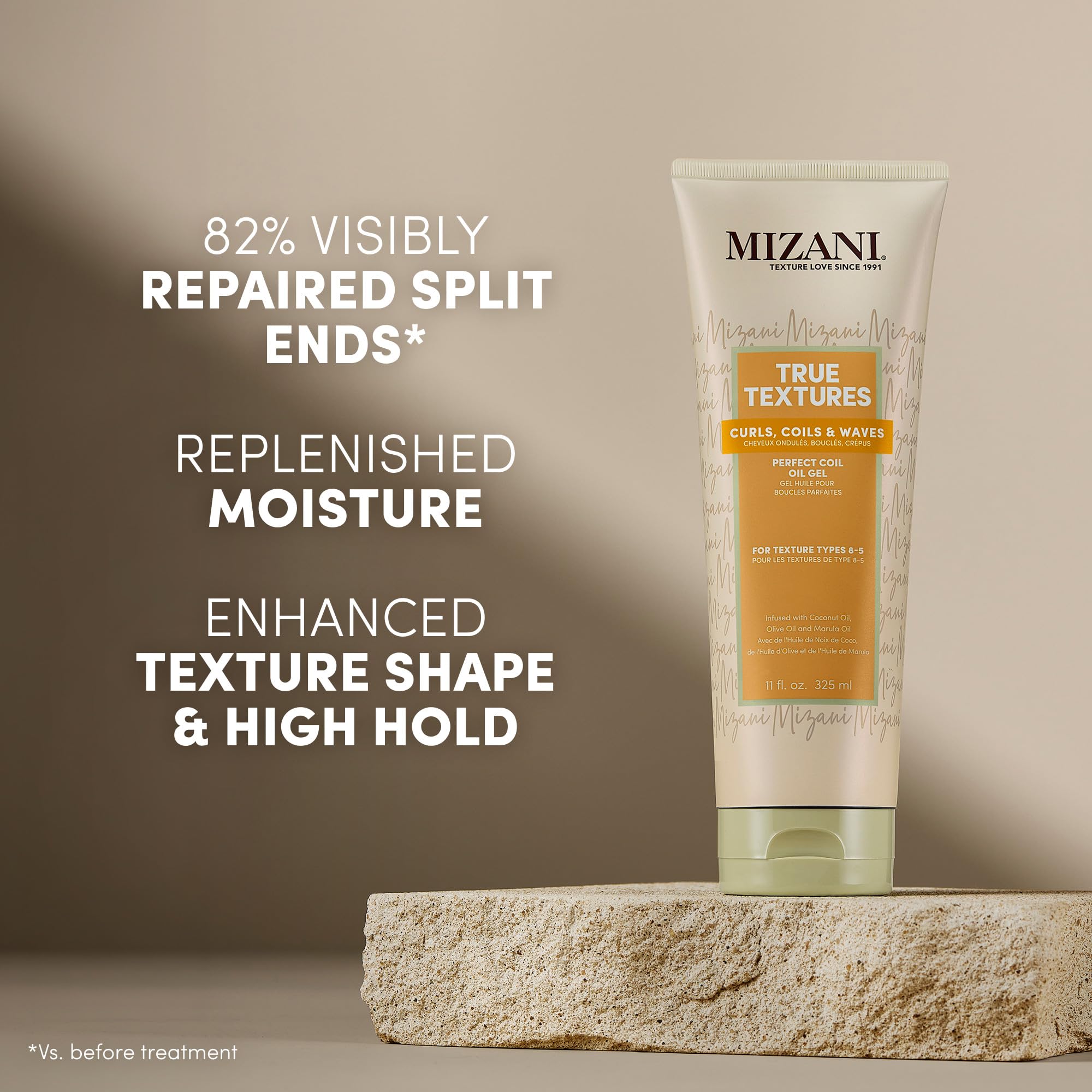 Mizani Coil-Gel für perfekt definierte, unkomplizierte Locken, aktiviert und hält das Haar während es hydratisiert, angereichert mit Oliven-, Kokos- und Marula-Ölen, True Textures Perfect Coil Oil