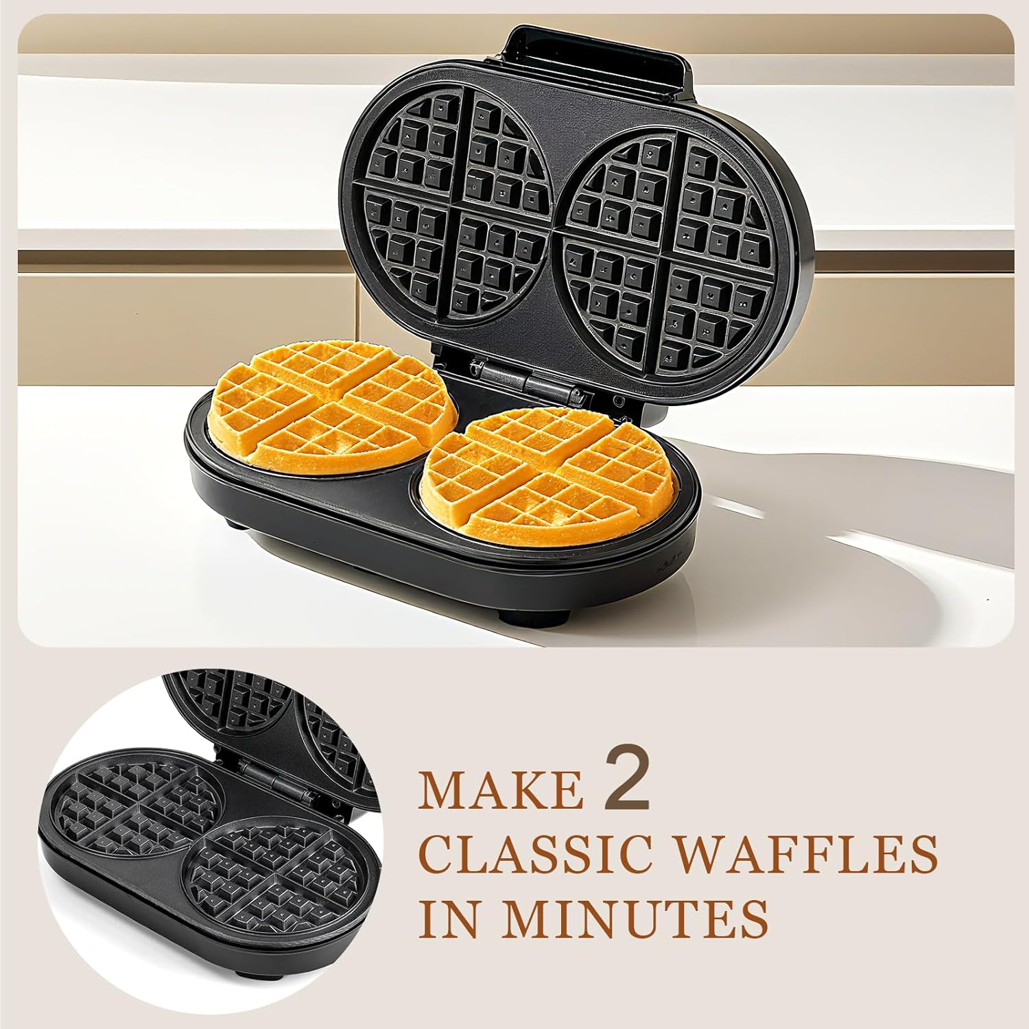 Double Waffle Maker 6 Inch, 1200W Belgian Waffle Maker for Breakfast and Snacks, Makes 2 Personalized Individual Keto Chaffles, Waffle Iron with Nonstick Plates, Temperature Knob, Black