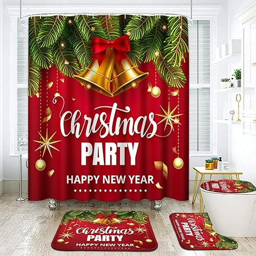 ArtSocket Juego de baño de Feliz Navidad con cortina de ducha y accesorios de alfombras, cascabeles dorados de cascabel, cortina de ducha clásica disponible en Yaxa Venezuela