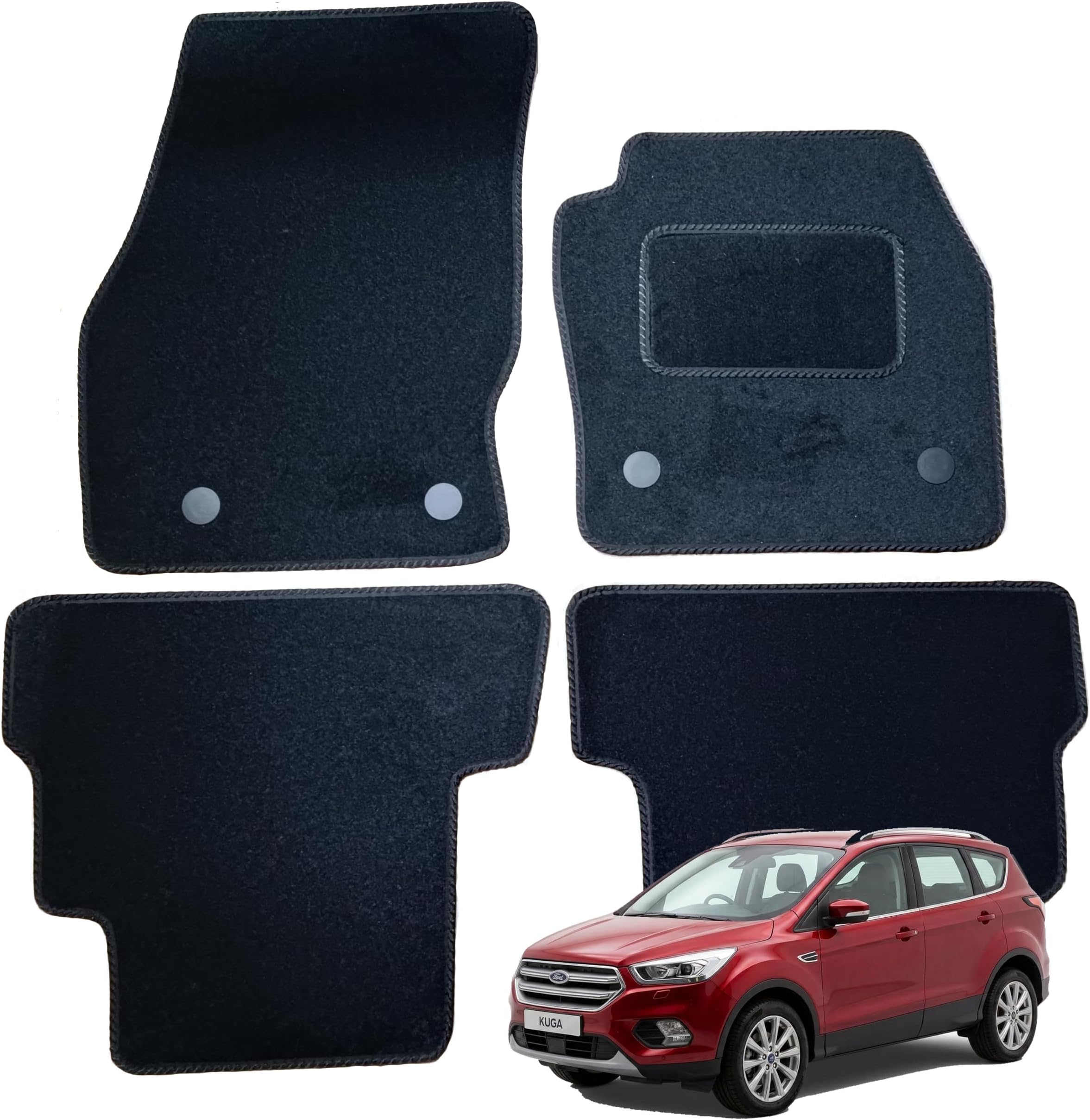 Fully Tailored Car Mats for Ford Kuga MK2 2013-2018, Set of 4 Floor Mats, Black with Black Trim with 4 Safety Clips by Connected Essentials