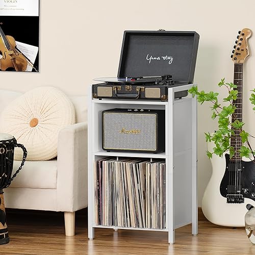 Miniatura 6 de YAHARBO Soporte para tocadiscos, soporte para discos de vinilo de 3 estantes con almacenamiento, soporte para discos blanco, soporte para tocadiscos