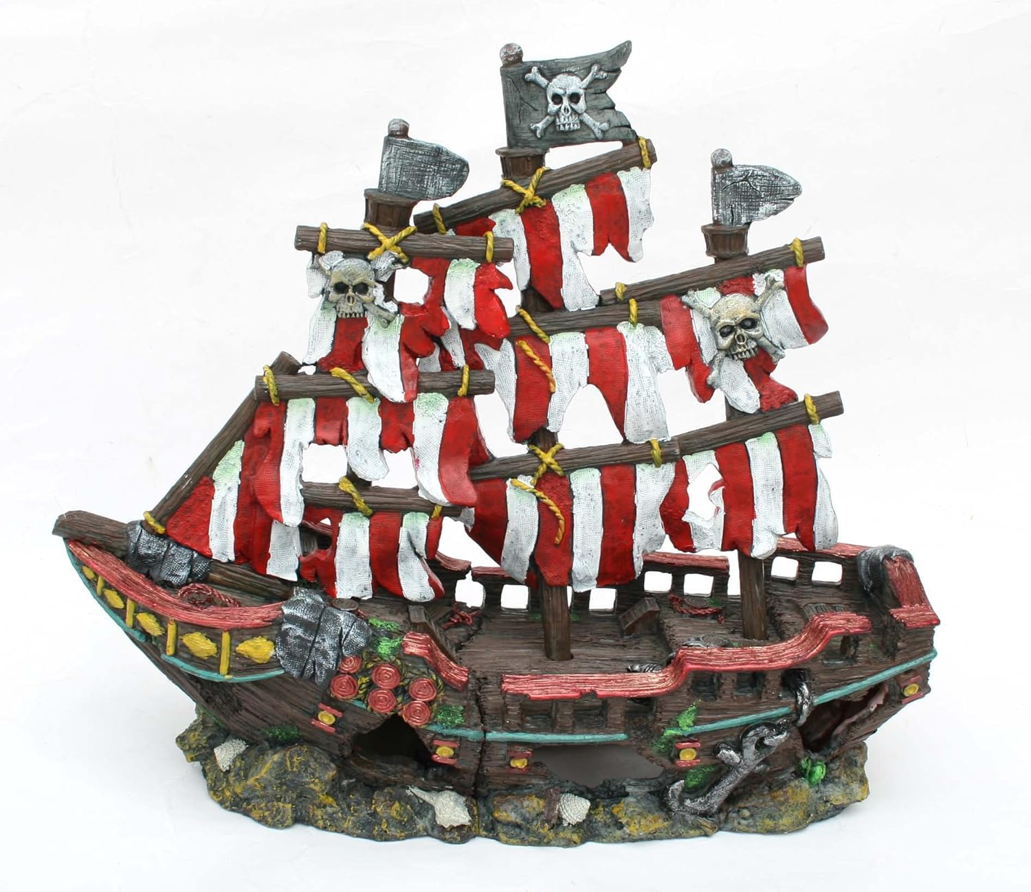 Penn-Plax Striped Sail Shipwreck Aquarium Decoration Ornament Colorful Red and White Design 8.25 Inch
