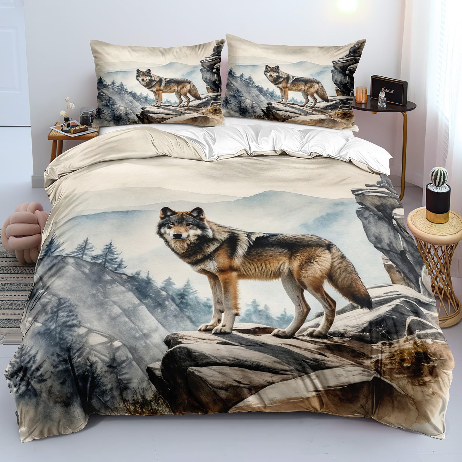 Housse de couette loup 3d réversible parure de lit 150x200 cm avec 2 taies d'oreiller