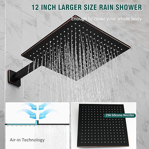 Miniatura 6 de Hoimpro Juego de sistema de ducha de bronce con cabezal de ducha de lluvia de baño de 12 pulgadas y montaje en pared de mano, combo de grifo de