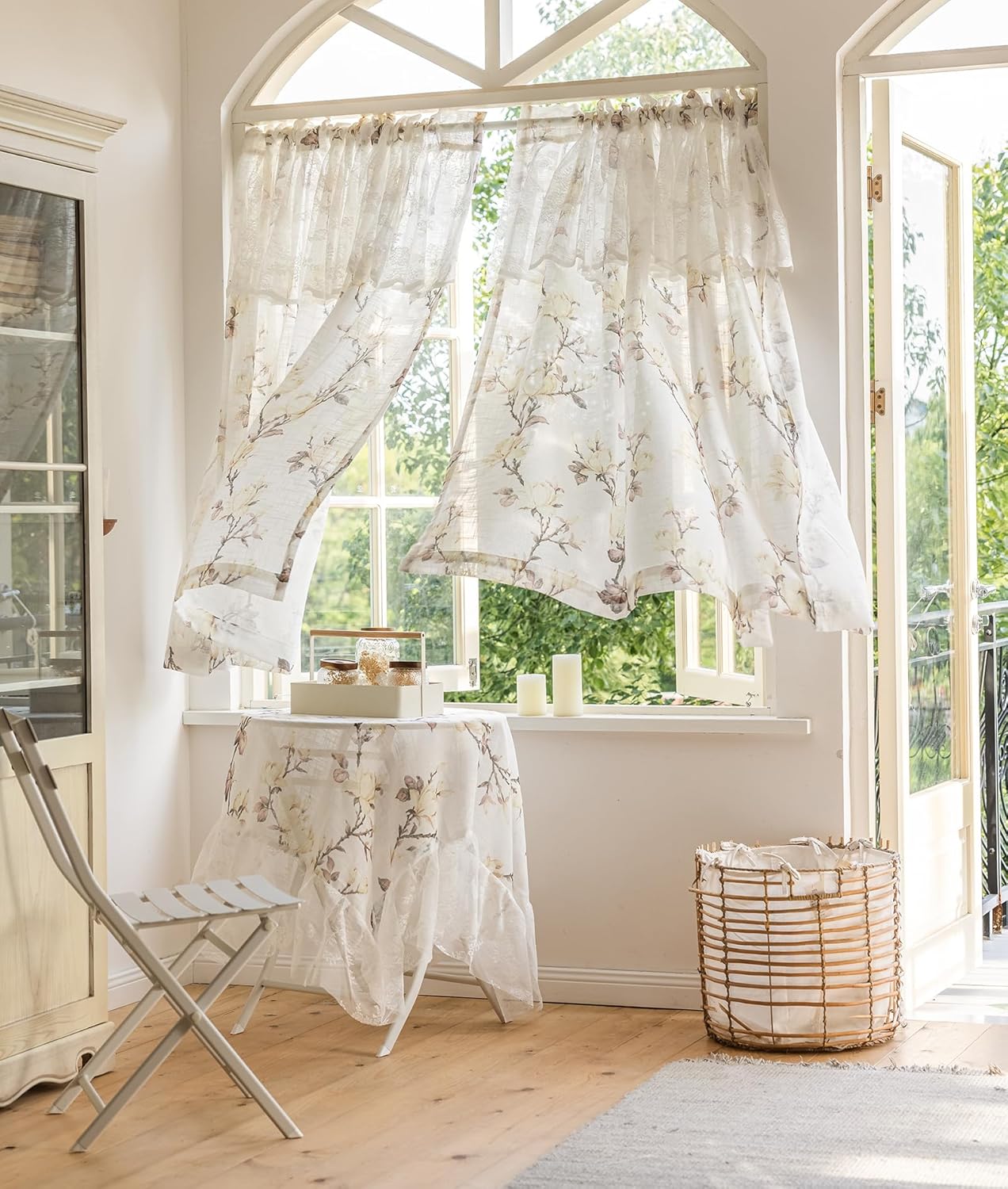 Floral Printed Semi Sheer Linen Window Curtain 2 Panels for Bedroom Attached Lace Valance Rod Pocket Light Filtering Curtains for Living Room (Blue,52"x84")