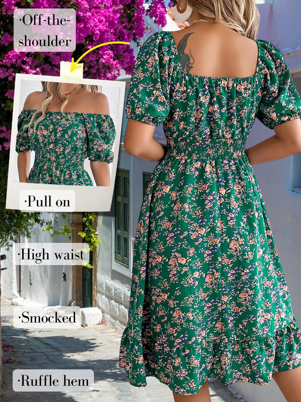 Floral Dress for Women, Puff Sleeve A Line, Spring Tea Party, Knee Length Casual Flowy Milkmaid Boho Flower - Image 2