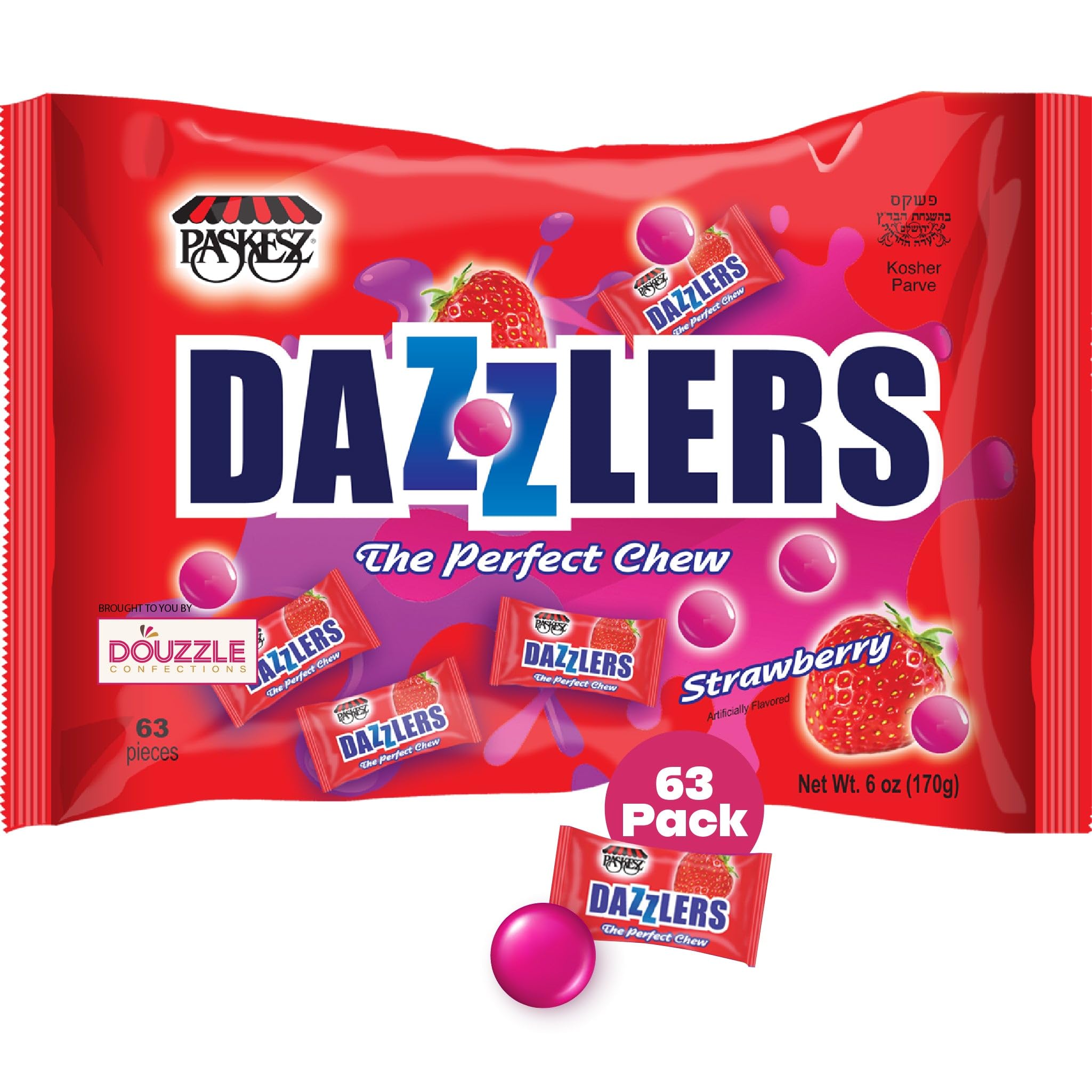 DOUzzle Easter Sweet Treats, Dazzlers Strawberry Chews, The Perfect Chew Candy (63 Count, 1 Pack) Individually Wrapped, Party Favor, Goodie Bag &