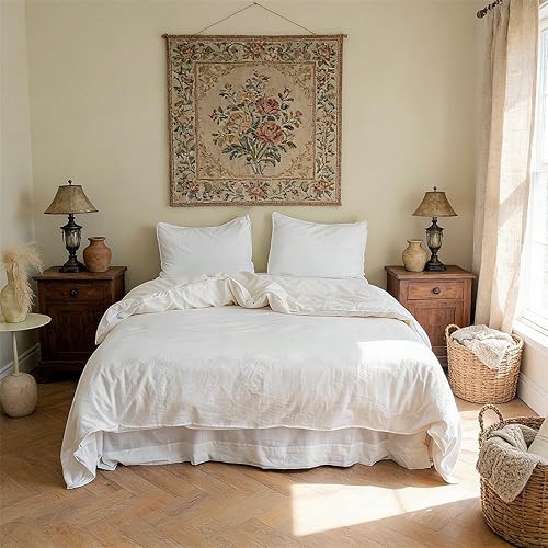 BISELINA Juego de funda de edredón de lino francés de 3 piezas con cierre de cremallera oculto, mezcla de lino natural y algodón, color sólido,