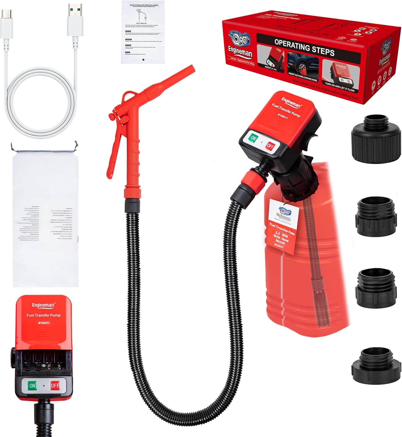 3.2GPM Battery Powered USB Charging Fuel Transfer Pump with Hand Shut Off Nozzle, 51" Long Hose, 4 Adapters, Portable Gas Pump Ideal For Gasoline, Diesel, Kerosene Transfer