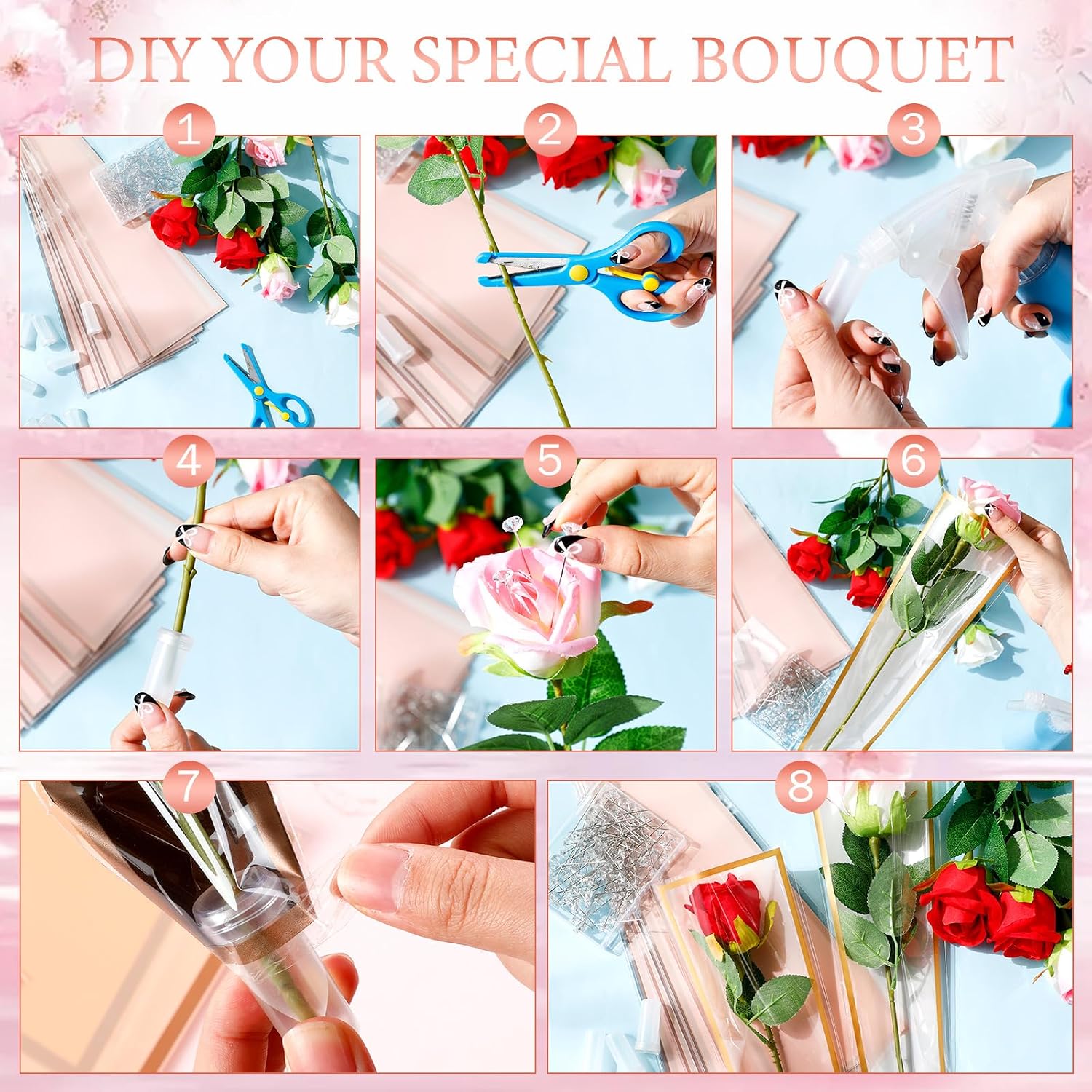 Outus Flower Bouquet Accessories 200 Pcs Single Rose Sleeves with 200 Floral Water Tubes and 200 Crystal Diamond Head Bouquet Pins for Valentine's Day Mother's Days Supplies Graduation(Pink)