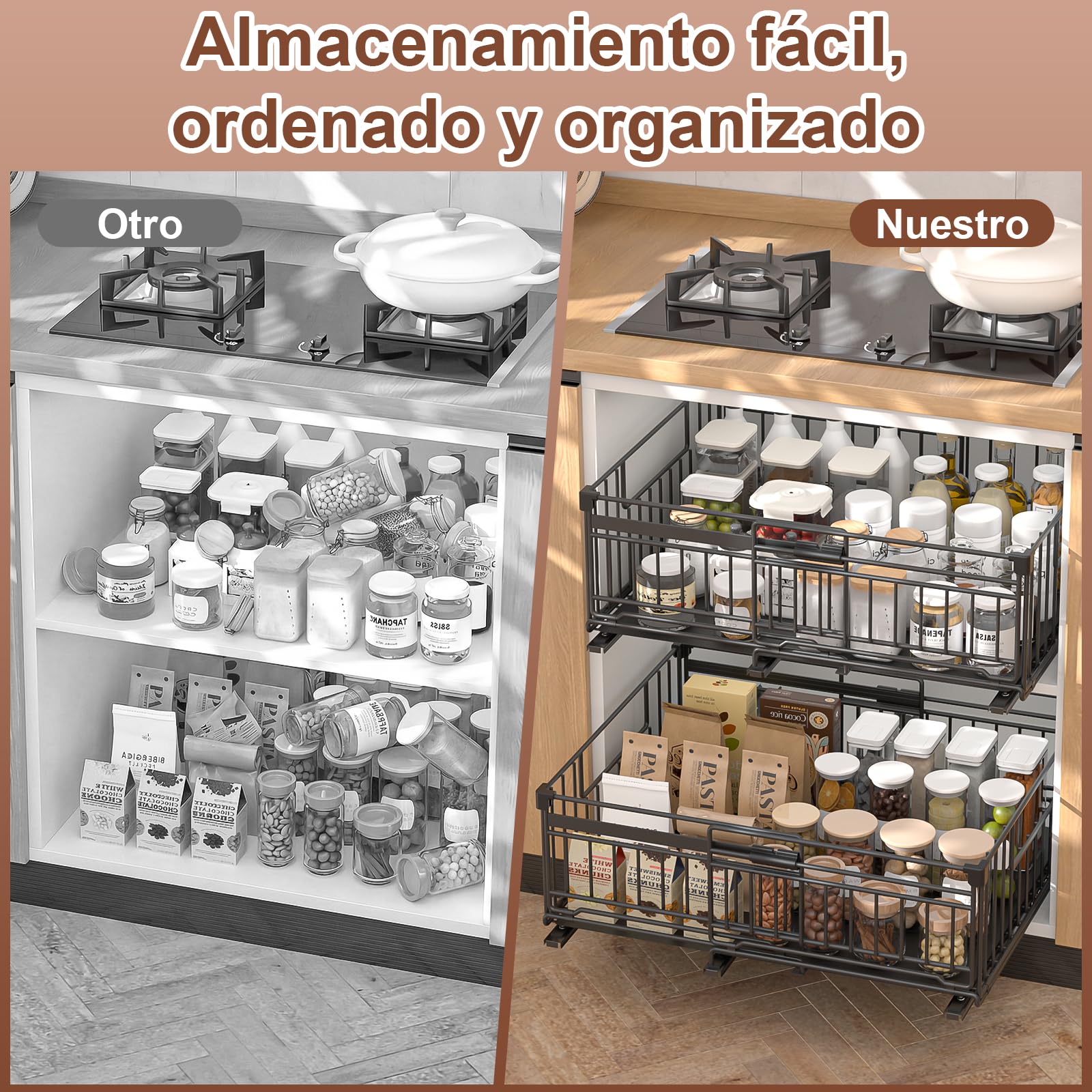 2 Piezas Cajones Extraibles para Cocina Bandeja Extraible Armario cajon Telescopico Cocina,Ancho Ajustable 32.5-50cm,Para Almacenaje y Organizador en Hogar Negro