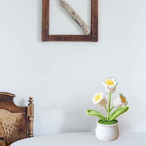 Miniatura 2 de Flores de ganchillo artificiales, pequeñas orquídeas de campanas de punto en maceta para tablero de automóvil, bonita decoración de consola central