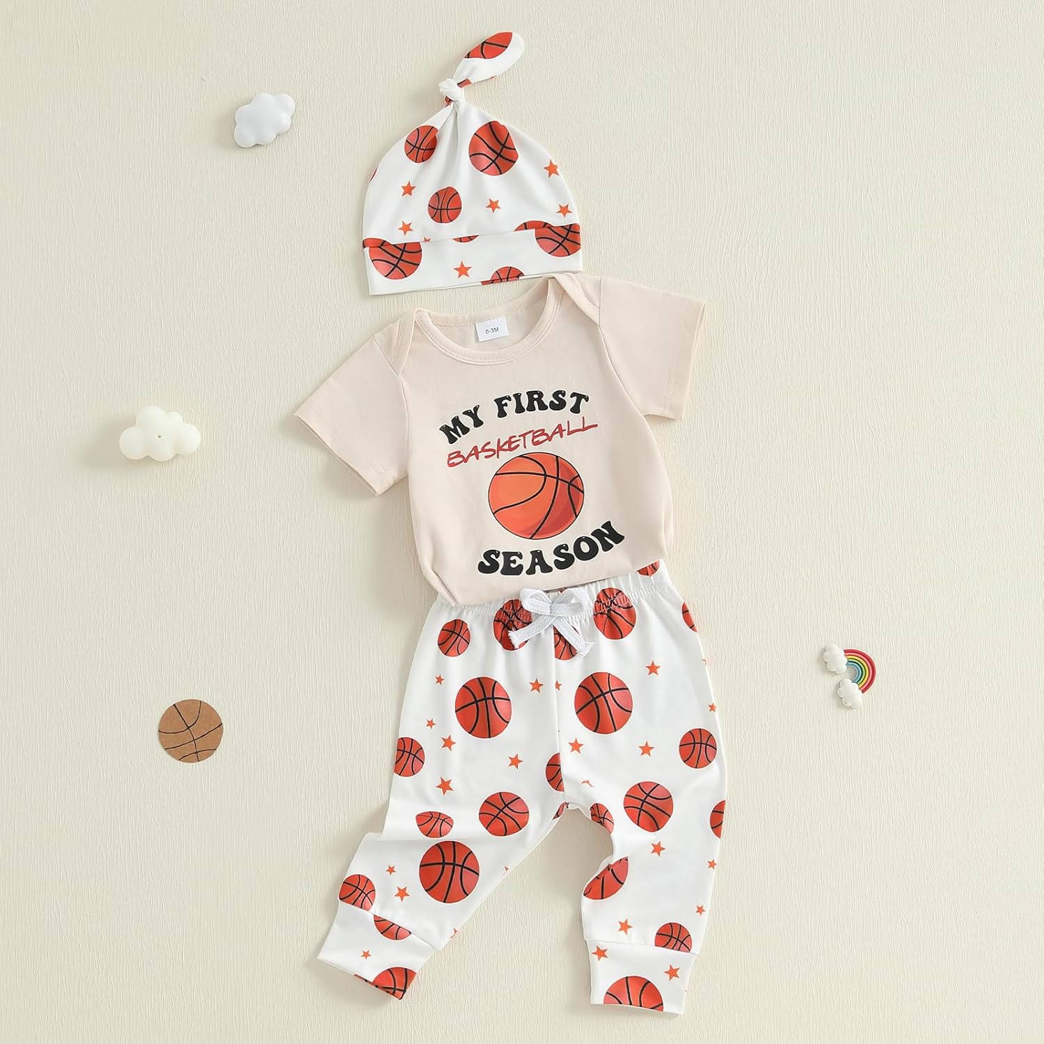 My First Basketball Season Baby Boy Outfit Newborn Short Sleeve Romper Basketball Long Pants Hat 3Pcs Outfits Sets - Image 4