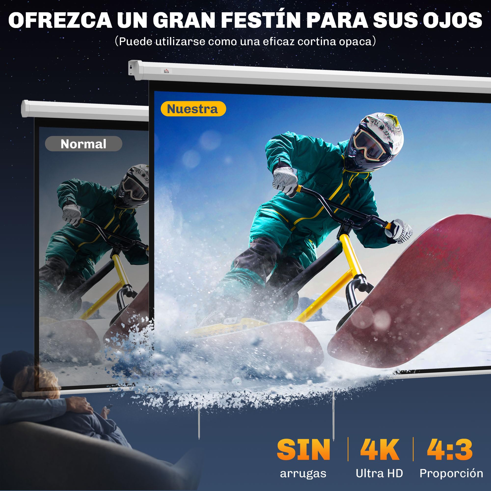 HOMCOM Pantalla de Proyector Manual 84 Pulgadas Pantalla de Proyección Portátil Formato 4:3 Ángulo de Visión de 160° para Interior y Exterior Eventos Deportivos Cine en Casa Patio 165x124 cm Blanco