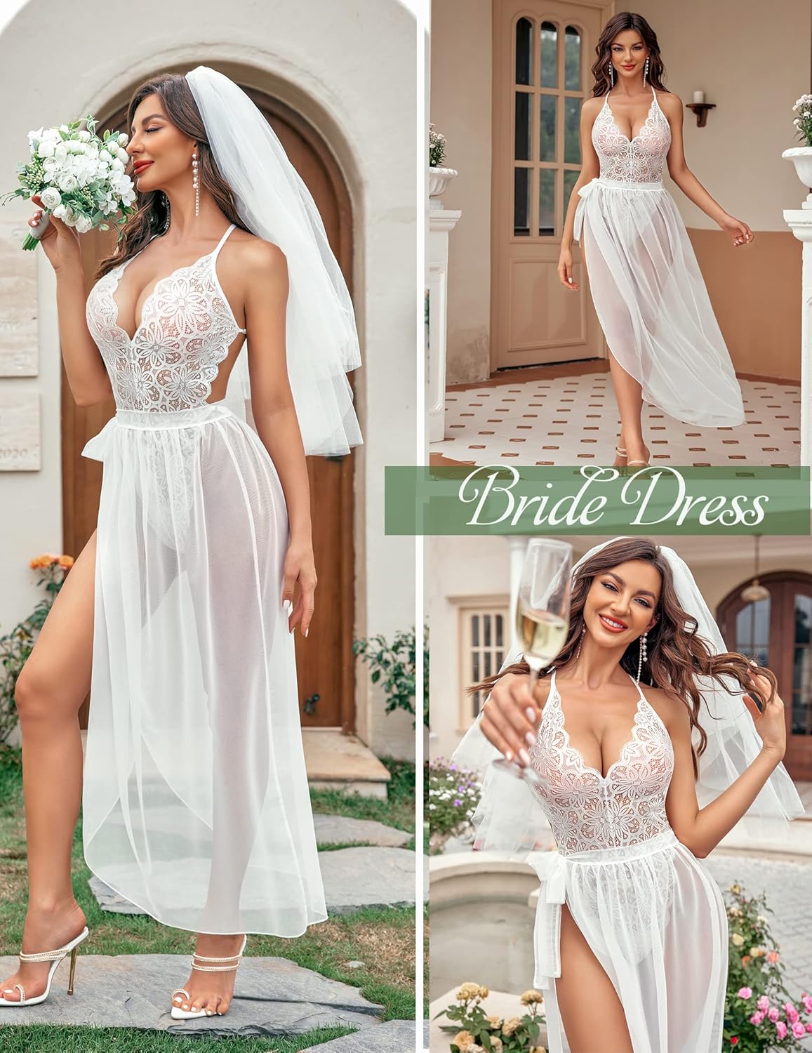 Avidlove Women One Piece Lingerie Deep V Lace Bodysuit Mosaic Lace Teddy Mesh Skirt - Image 4