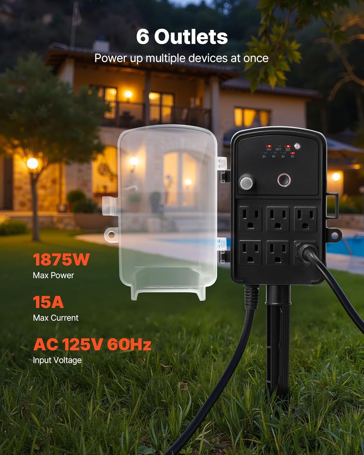VEVOR Outdoor Power Stake Timer, 50FT Extension Cord, Remote Control Outdoor Power Strip with Cover, Dusk to Dawn Light Timer Waterproof, 6 Outlets for Halloween Christmas Lights, Garden Decorations