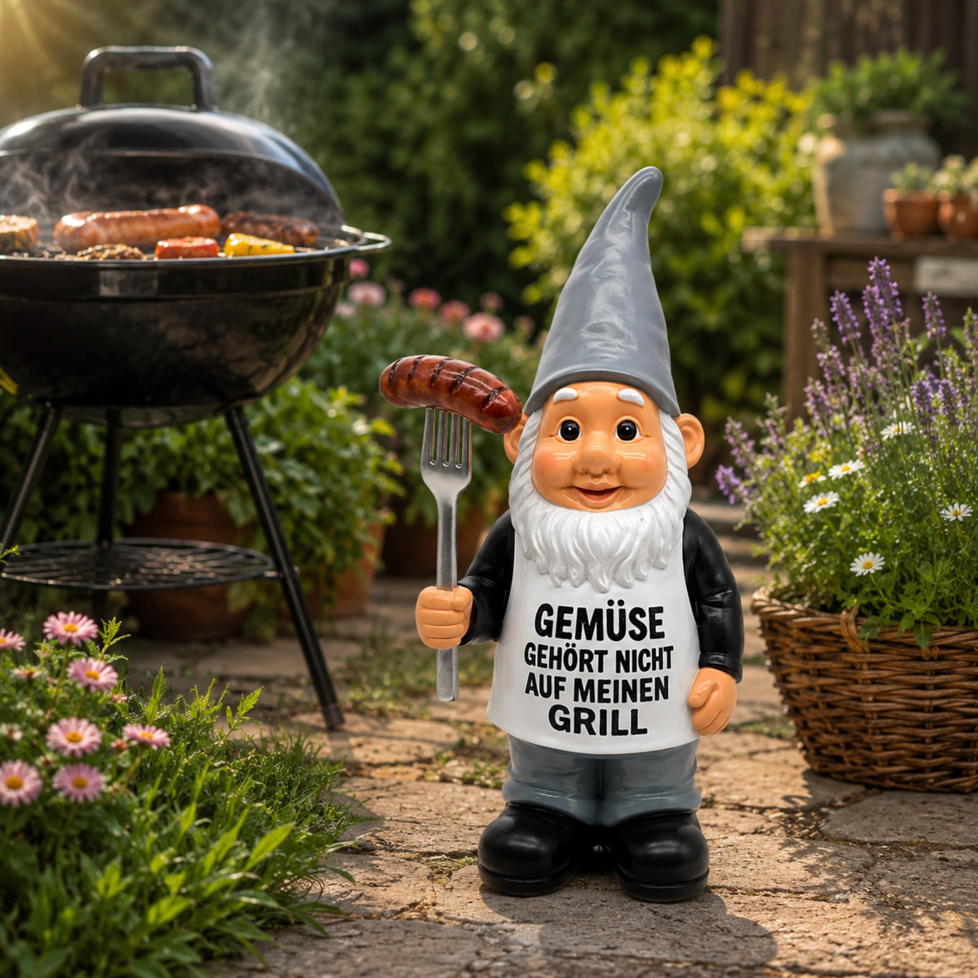Gartenzwerg Grillfigur aus Kunstharz mit Grillgabel & Wurst – 45 cm Wetterfeste Gartenfigur für Garten, Balkon & Terrasse – Lustige Gartendeko für Grillliebhaber