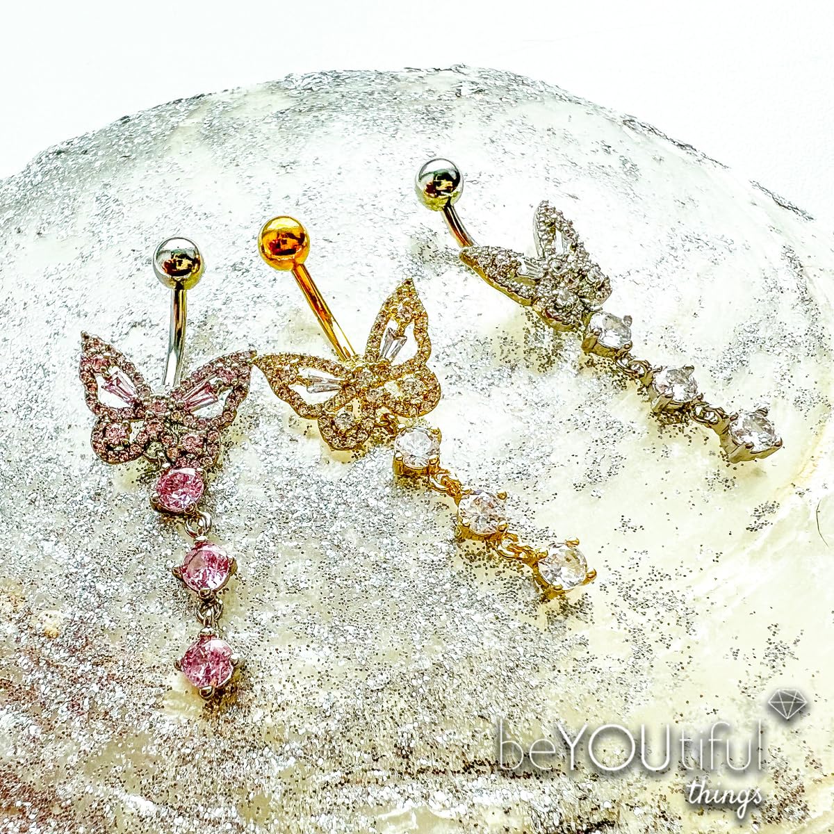 Bauch-nabelpiercing Schmetterling Anhänger Silber Gold Clear Pink Nabel-Piercing Chirurgenstahl Bananabell Stab-länge 10-mm