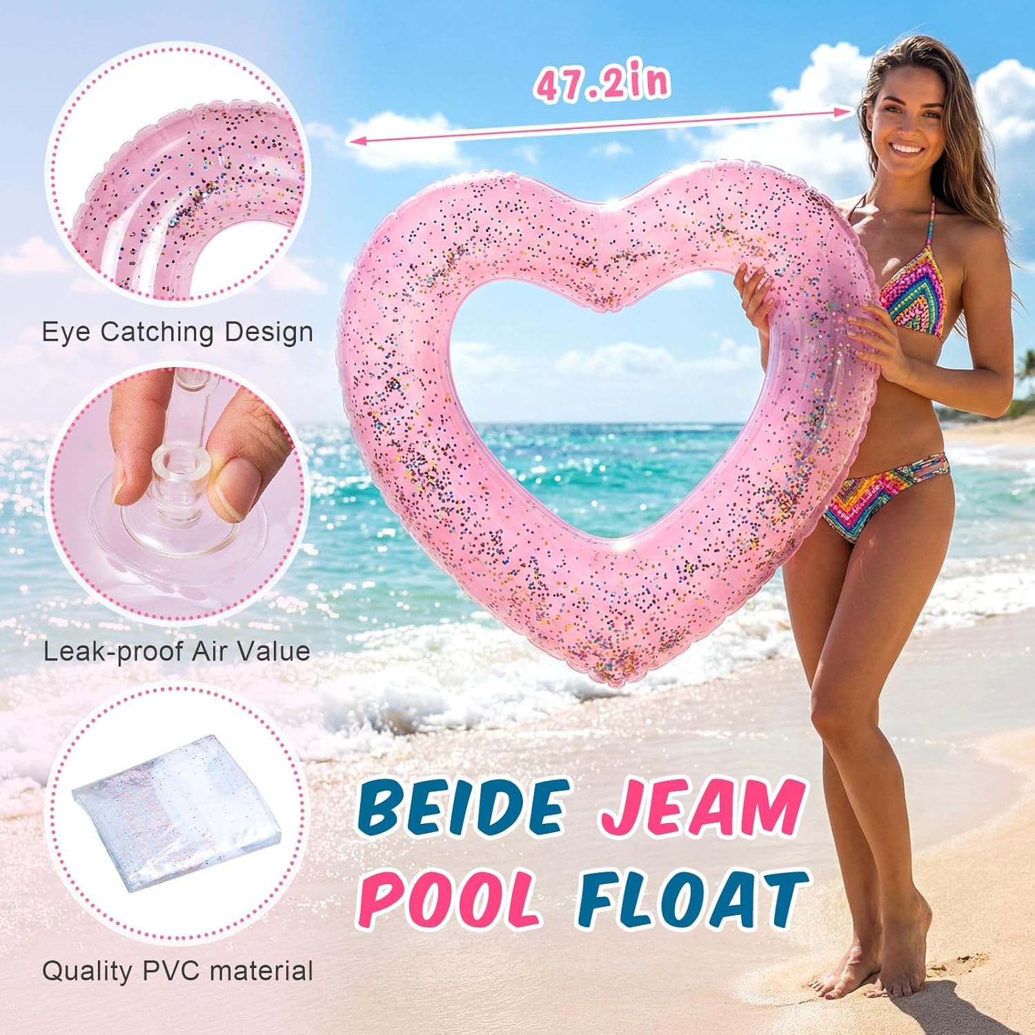 5 Pcs Bachelorette Pool Floats Set Include 72" x 20" Inflatable Glitter Bride Pool Float and 4 Heart Beach Floats, Outdoor Swimming Bachelorette Party Decors for Summer Beach Bridal Shower Supplies